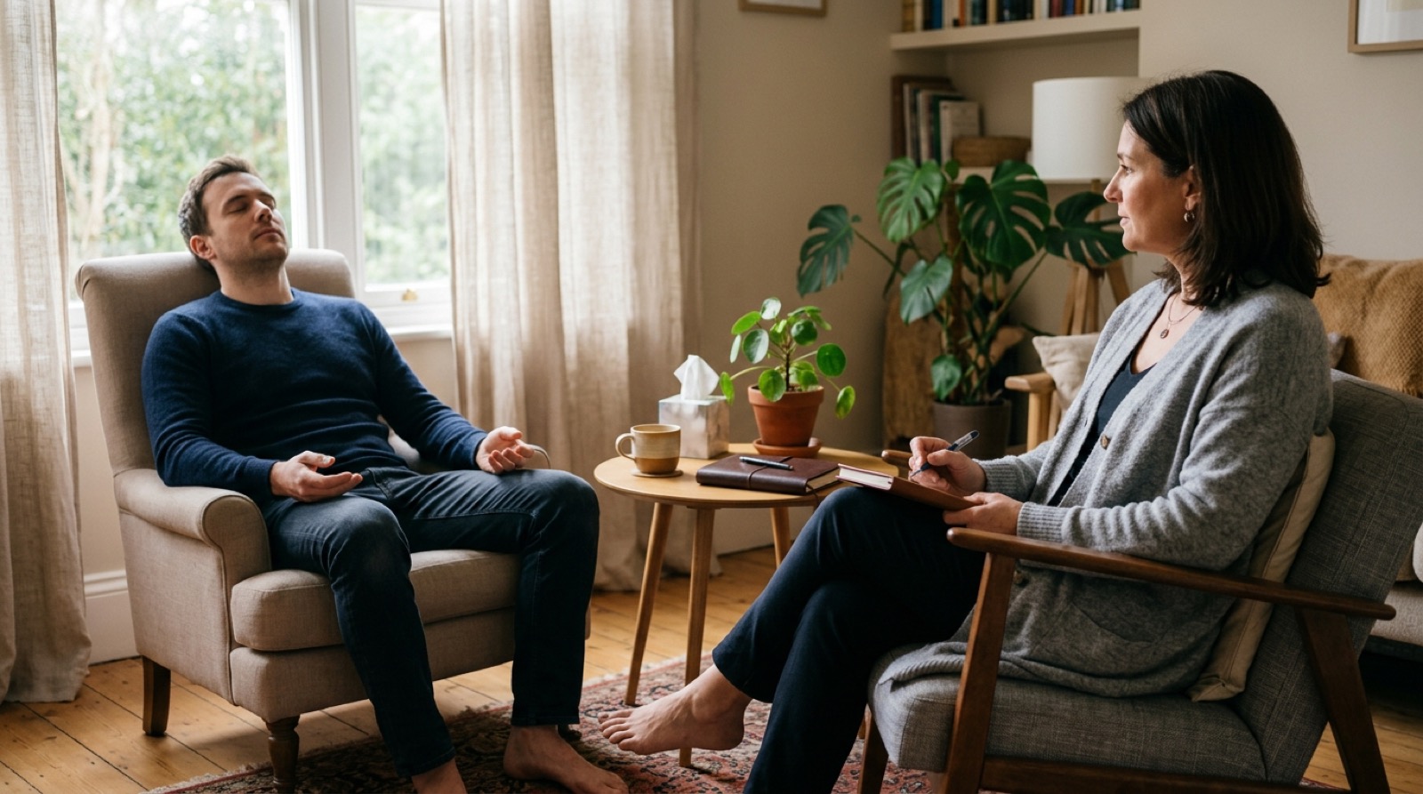 A practitioner listening to a client in a calm, daylit consulting room.