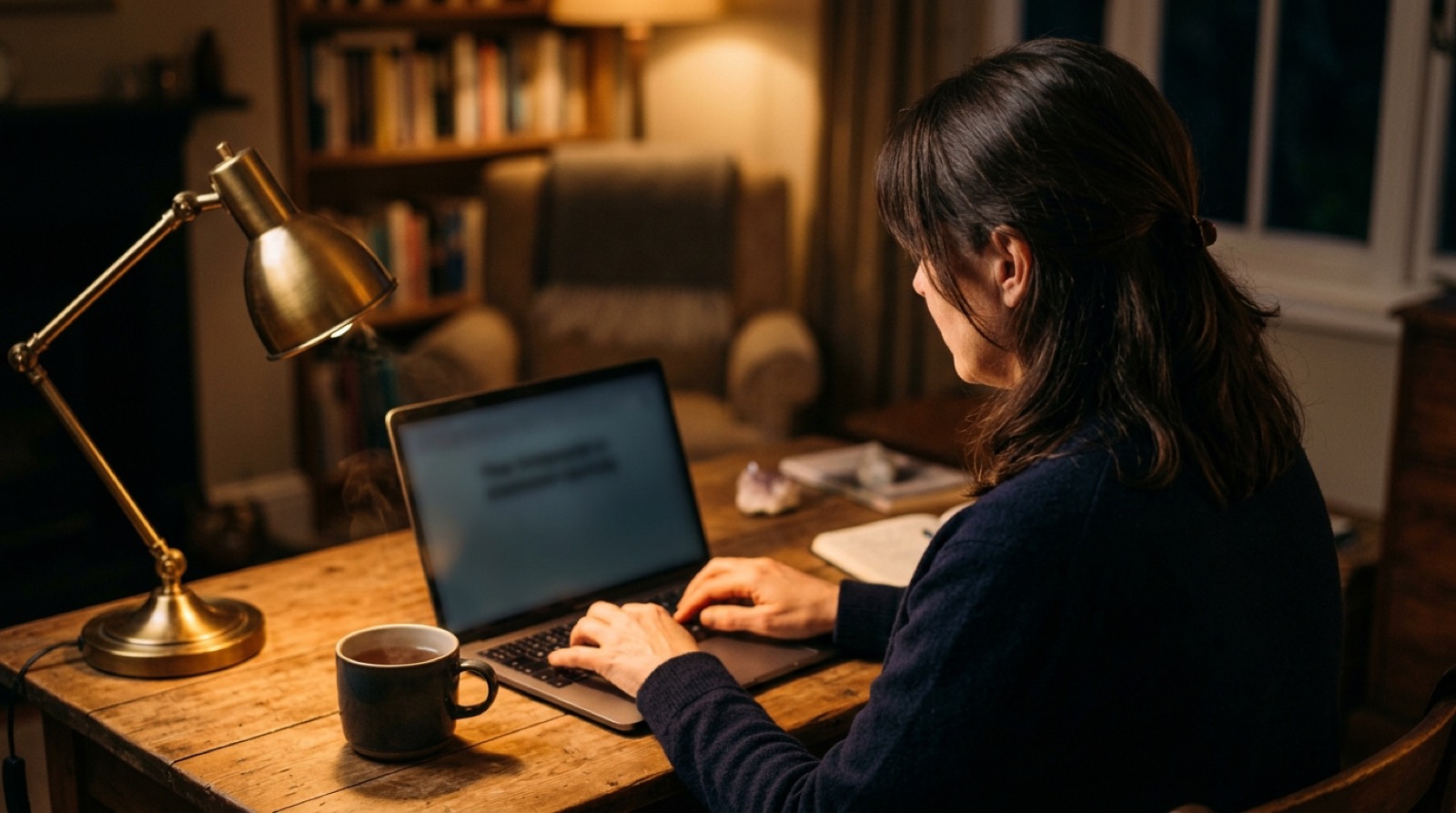 The same practitioner at a desk in the evening, writing a few lines under a warm lamp.