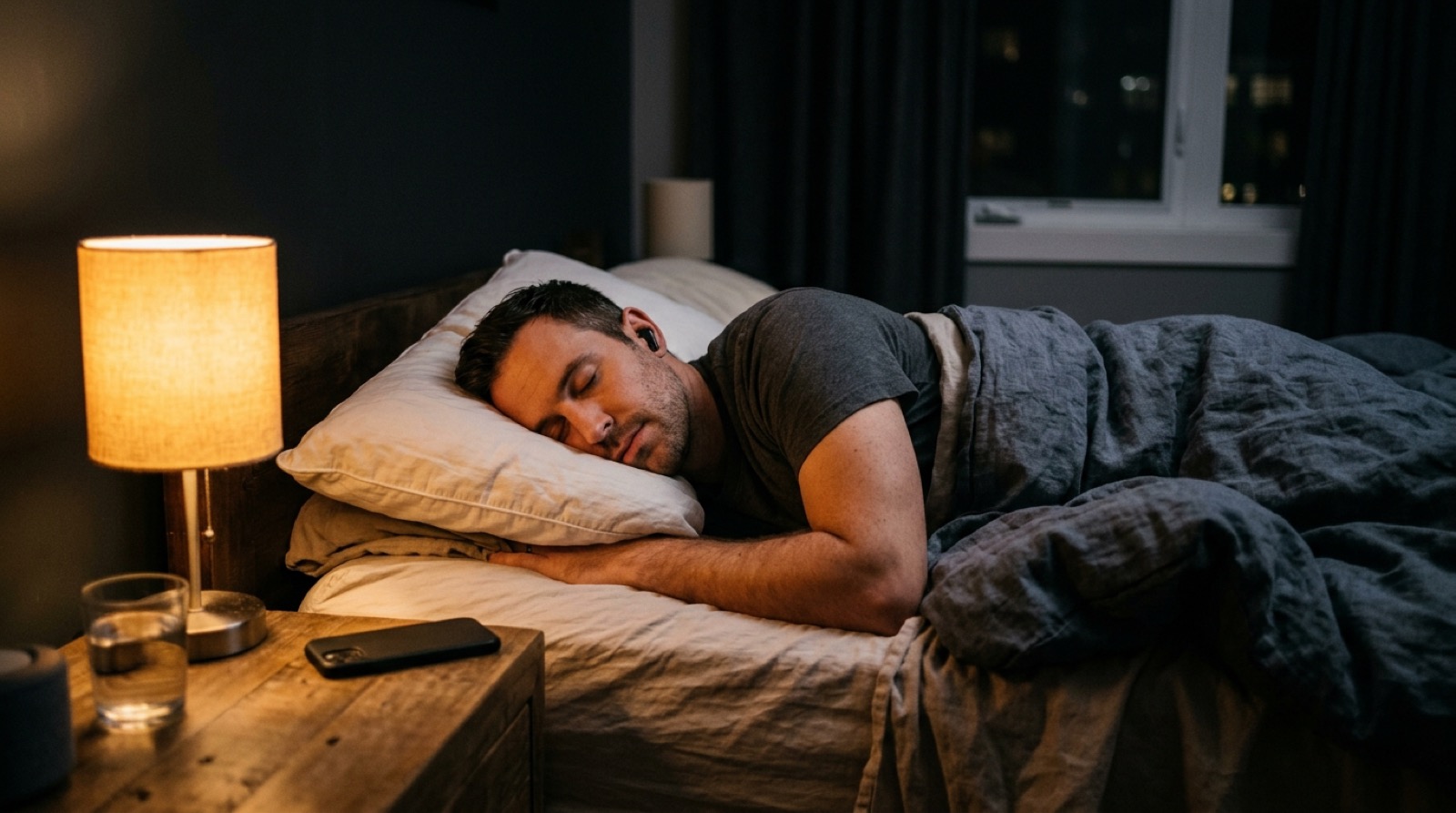 A person asleep in bed at night with an earbud in, phone resting on the nightstand.